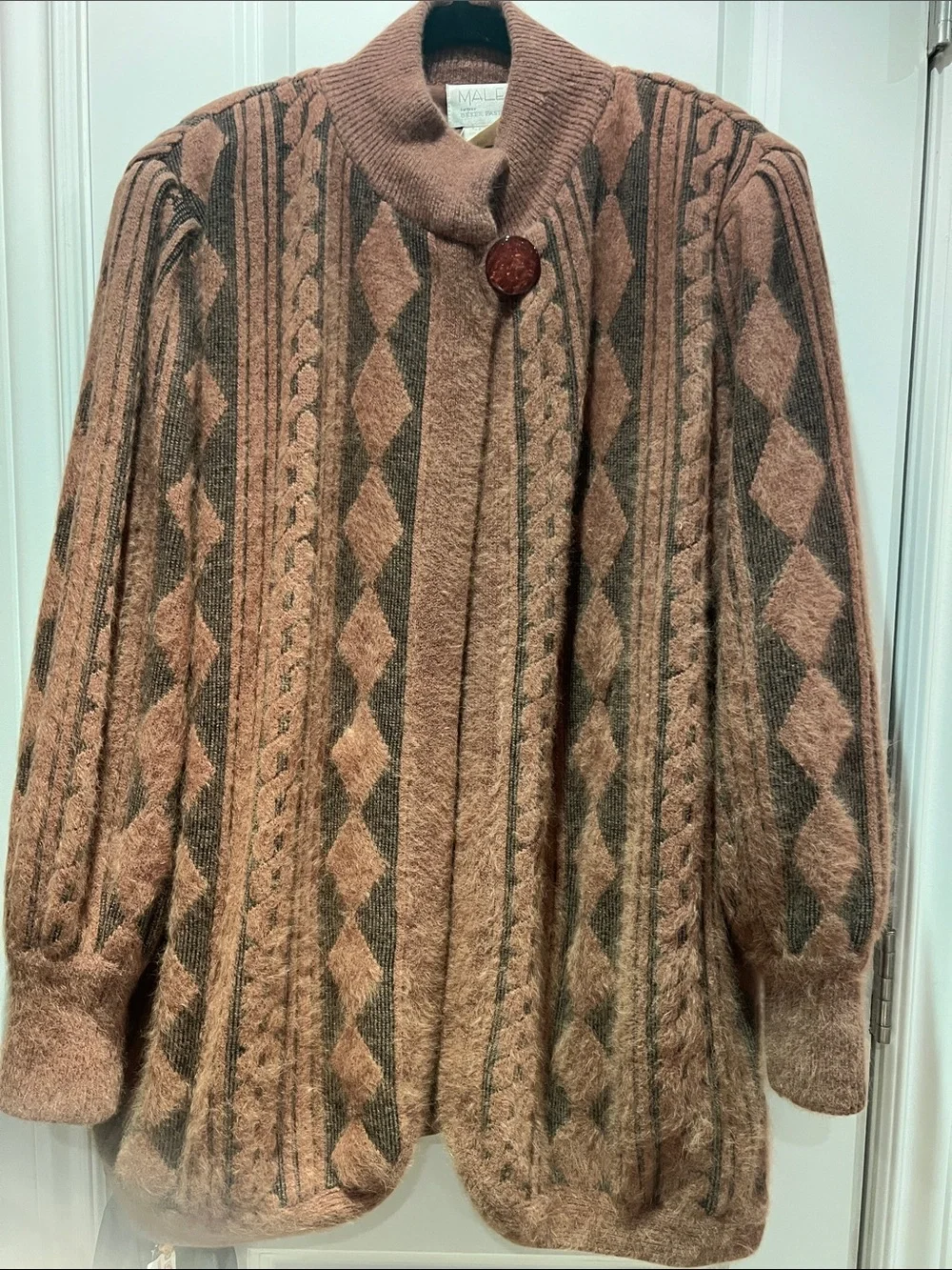 Vintage-Women's Knit & Lined Cardigan Sweater - Tan & Charcoal 65% Angora - Picture 1 of 12